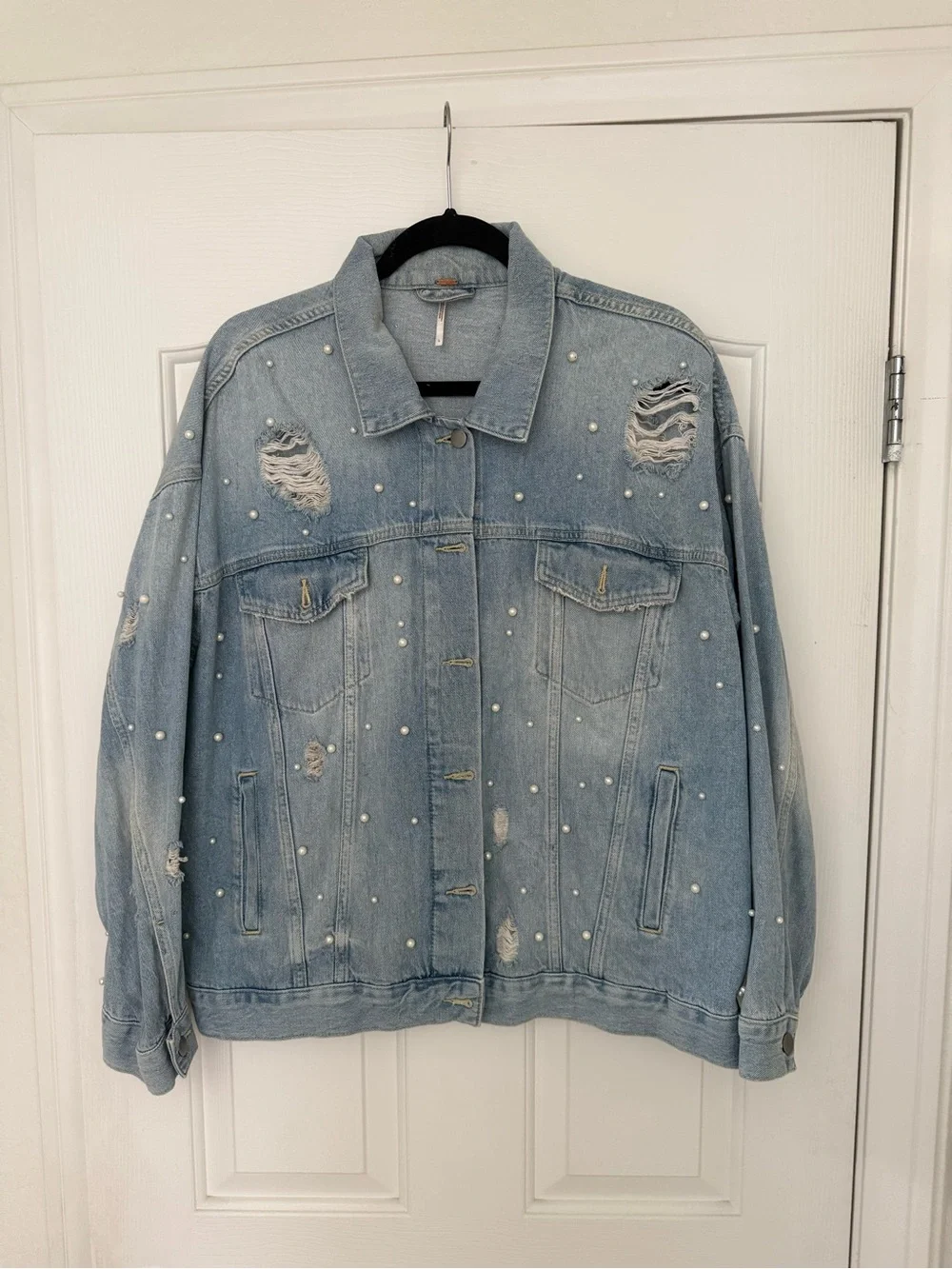 Free People Sunday Funday Light Wash Distressed Denim Jacket with Pearl Studs - Picture 3 of 6
